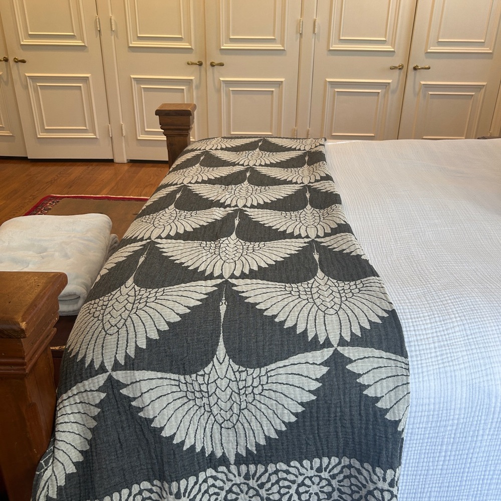 Modern Black + Gray Birds in Flight Cranes Throw Blanket Organic Cotton 2 Side - Picture 10 of 16